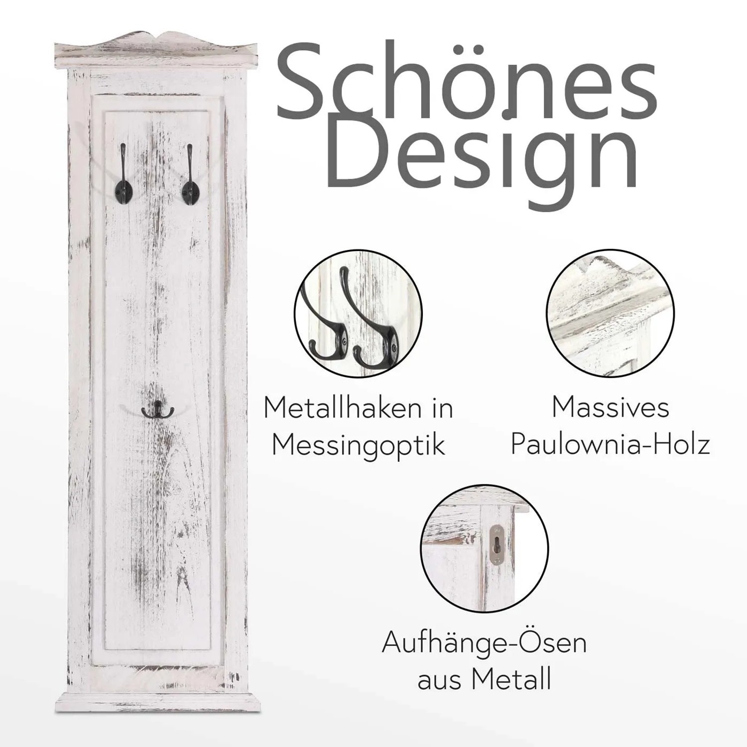 Wandgarderobe H33 2er-Set im Shabby-Look, weißes Holz mit Metallhaken.