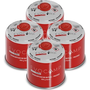 Evocamp Gaskartuschen 4er-Set, Butan/Propan, 500g, mit Schraubventil für Campingkocher und Gasgrills.