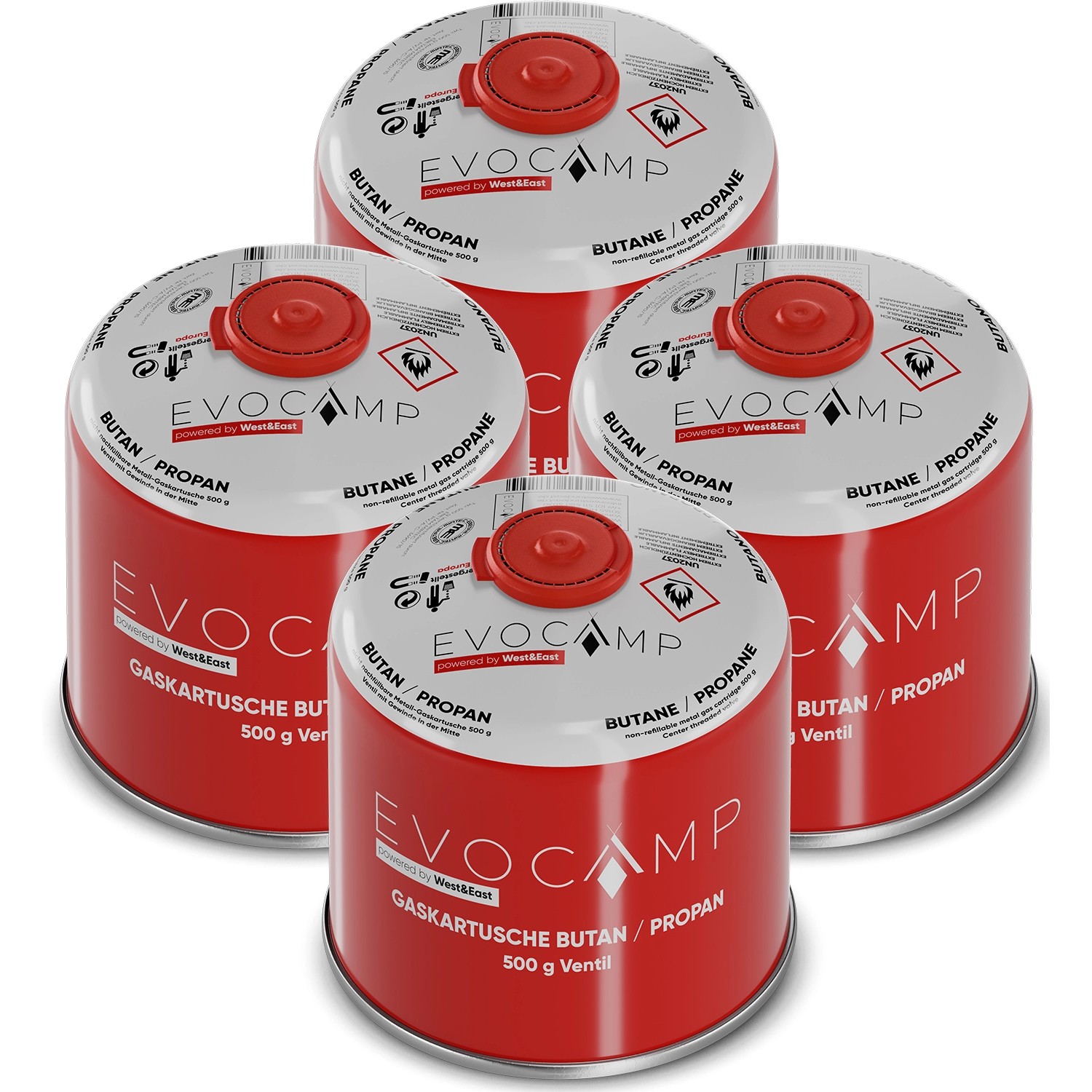 Evocamp Gaskartusche 4 Stück Butan Propan 500 g Schraubventil für Campingkocher und Gasgrills