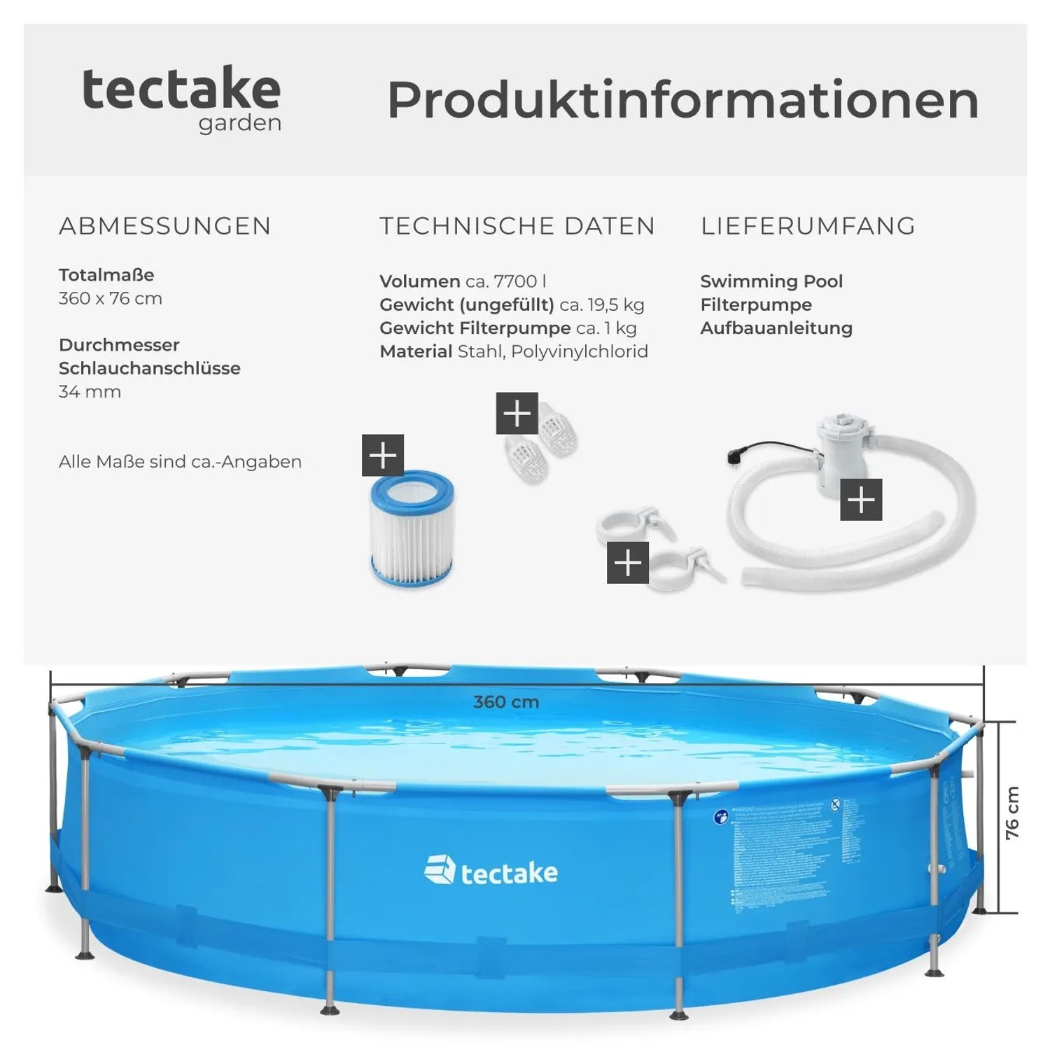 Blauer Tectake Swimming Pool mit Stahlrahmen, 360x76 cm, inklusive Filterpumpe.
