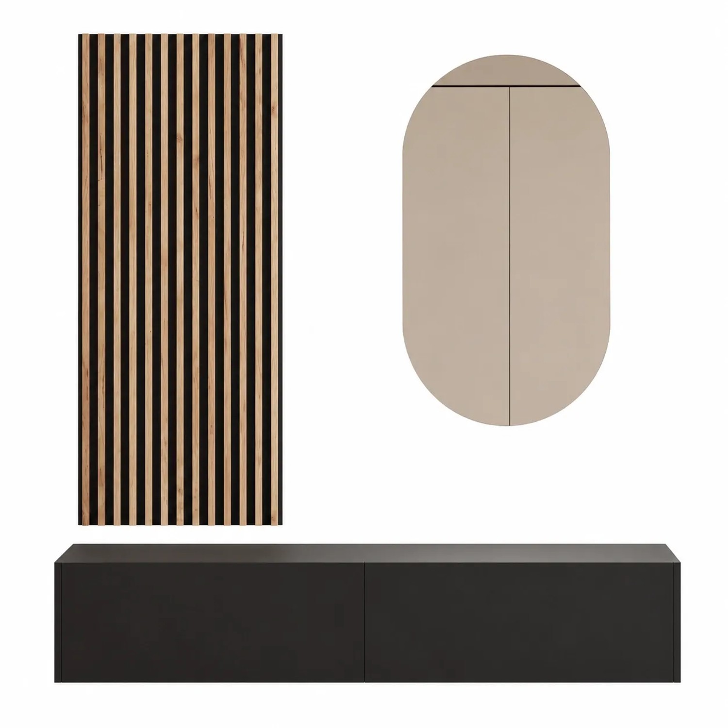 Planetmöbel Flurgarderobe Set 140 cm Schwarz mit Wandpaneel und Spiegel ohne LED Beleuchtung