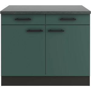 OPTIFIT Verona405 Unterschrank, 100 cm, Steingrün mit Arbeitsplatte und schwarzen Griffen.