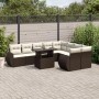 Braune 10-tlg. vidaXL Garten-Sofagarnitur aus Poly Rattan mit cremefarbenen Kissen.