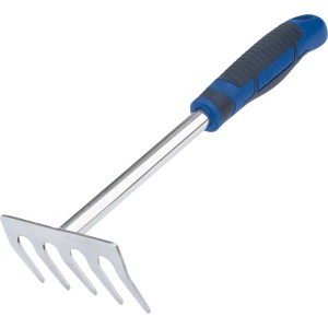 LUX Handrechen Comfort für Gartenarbeiten, mit Edelstahlkopf und blauem Komfort-Griff.