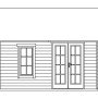 Illustration: Skan Holz Gartenhaus Bern, 420x420 cm, mit Fenster und Doppeltür.