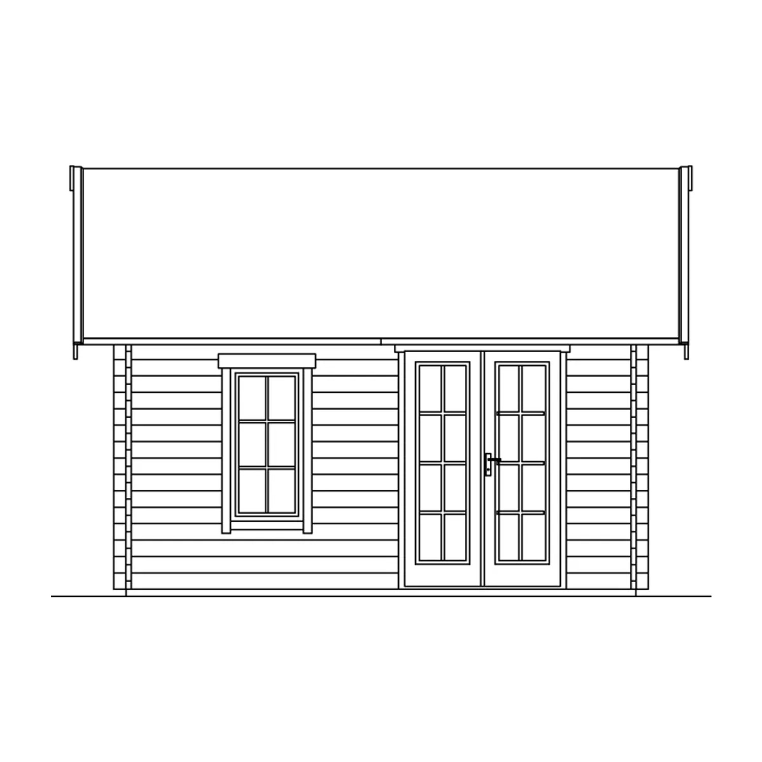 Illustration: Skan Holz Gartenhaus Bern, 420x420 cm, mit Fenster und Doppeltür.