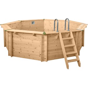 Holzpool Set Java, ø 4,40 m, H 1,36 m mit Leiter und Edelstahl-Einstieg.