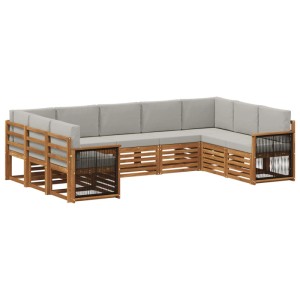vidaXL Ecksofa Set, 7-teilig, Natur/Hellgrau. Gartenmöbel aus Akazienholz mit Kissen.