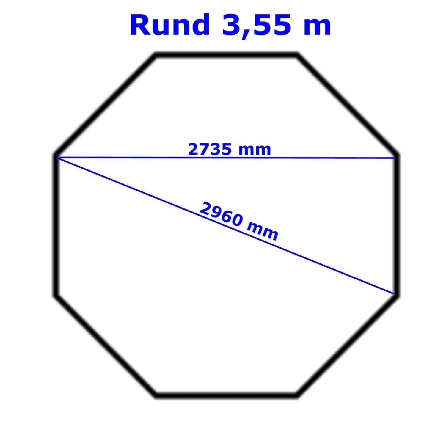 Skizze Solarplane Light Blue 400 für achteckigen Holzpool 355cm mit Maßangaben.
