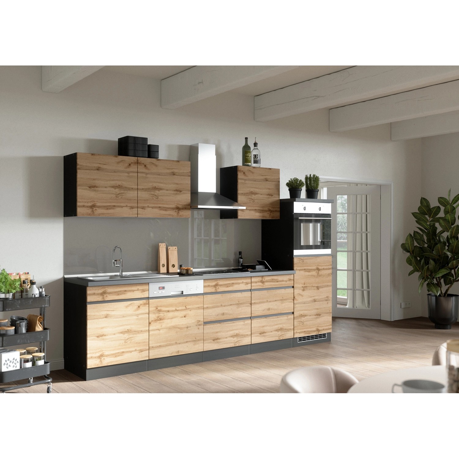 Held Möbel Küchenzeile Turin 300 cm WotaneicheGraphit ohne EGeräte