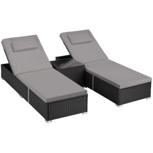 Tectake Rattan Doppelliege Carbonera, schwarz, mit Tisch und verstellbarer Rückenlehne.