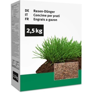 Verpackung Rasen-Dünger 2,5 kg: Spezialdünger für dichten, grünen Rasen.