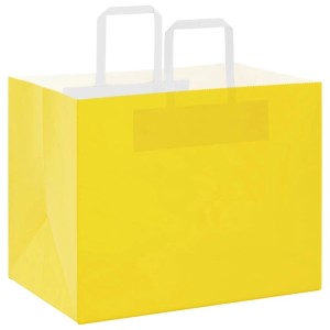Gelbe Papiertragetasche aus Kraftpapier mit weißen Henkeln. Ideal für Geschenke, Partys und Einkäufe.