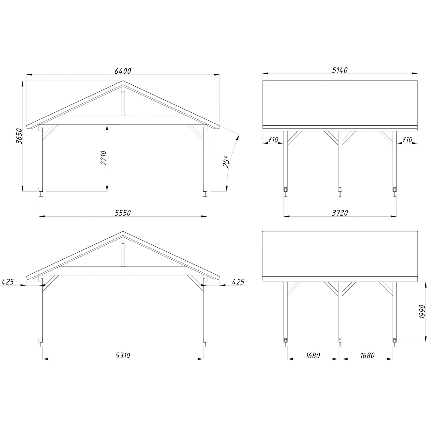 Technische Zeichnung: Palmako Carport Robert, 555x372 cm, weiß lackiert, Maße und Ansichten.