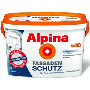 Eimer Alpina Fassadenschutz, weiße, matte Fassadenfarbe, 10 Liter. Silikonverstärkt, wasserabweisend.