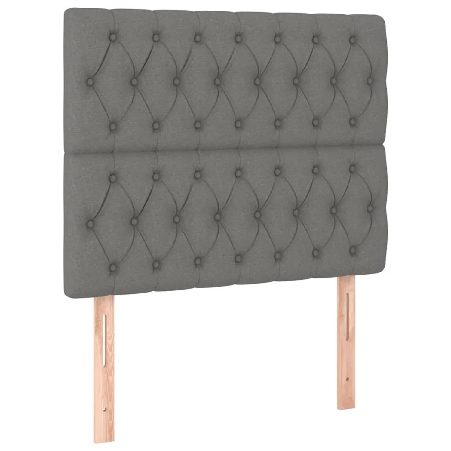 Dunkelgraues Boxspringbett Kopfteil mit Knopfheftung, Stoff und Holzfüßen.