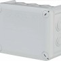 Grauer OBO Abzweigkasten Aufputz, 150x116mm, IP66, mit 10 Anschlussmöglichkeiten.