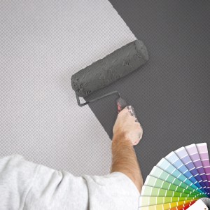 Überstreichbare Karo Tapete: Wandgestaltung mit Farbroller und Farbfächer.