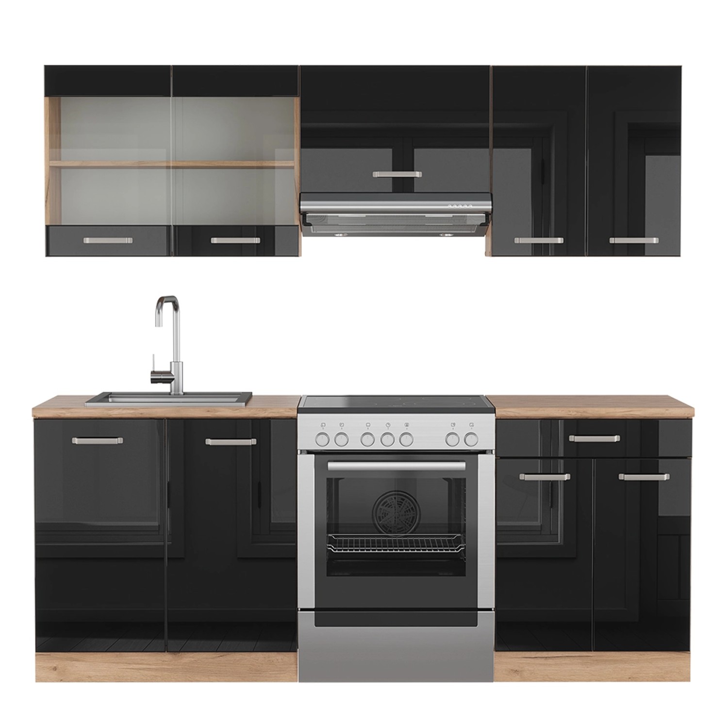 Vicco R-Line Küchenzeile Schwarz Hochglanz/Goldkraft Eiche 200 cm ohne Arbe günstig online kaufen
