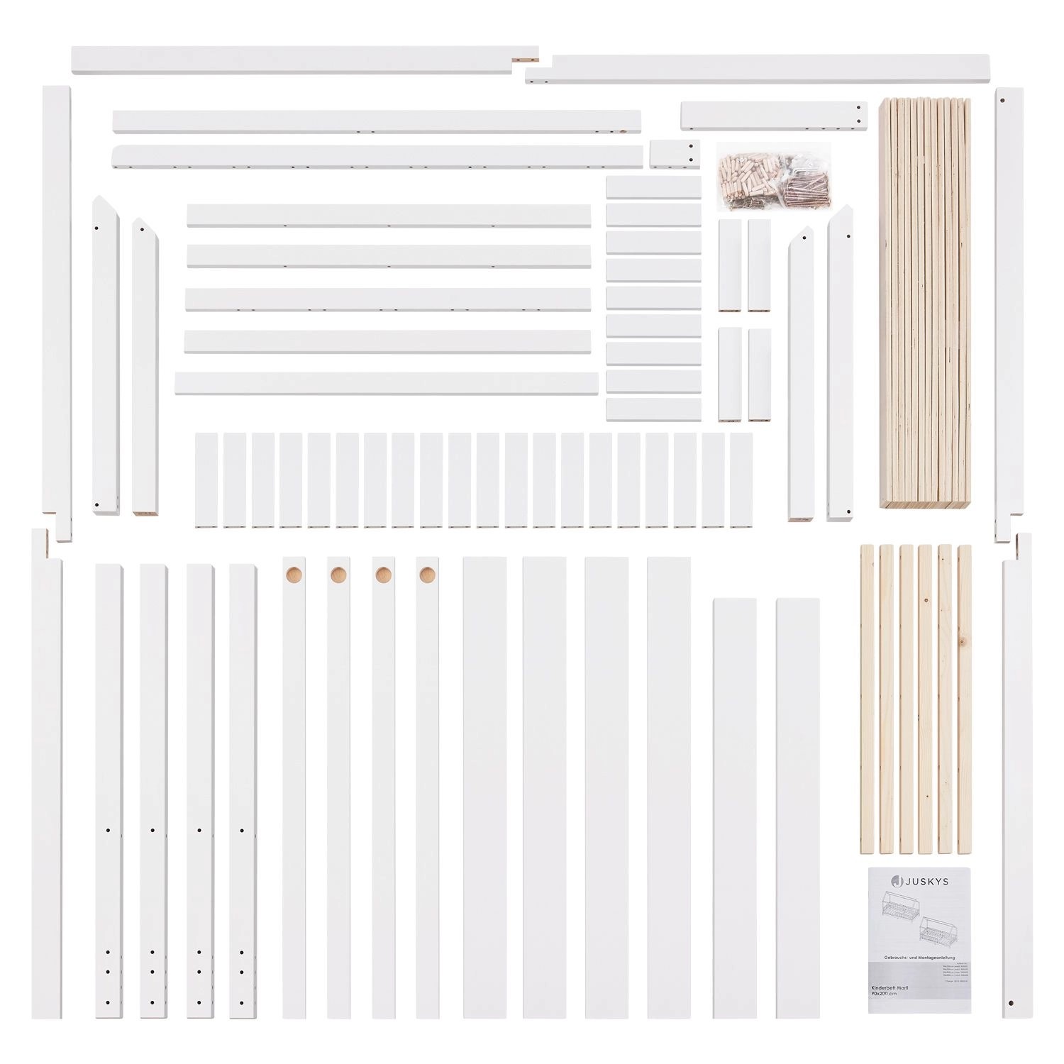 Einzelteile für Juskys Kinderbett Marli 90x200 cm, weiß, mit Lattenrost und Zubehör.