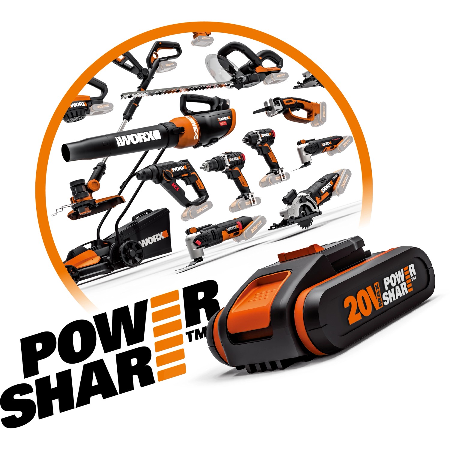 Worx PowerShare Akku und verschiedene Worx Geräte im Hintergrund.