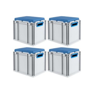 Vier blaue Eurobox NextGen Sitzboxen, 30L, mit Griffen, als Transport- und Stapelbehälter.