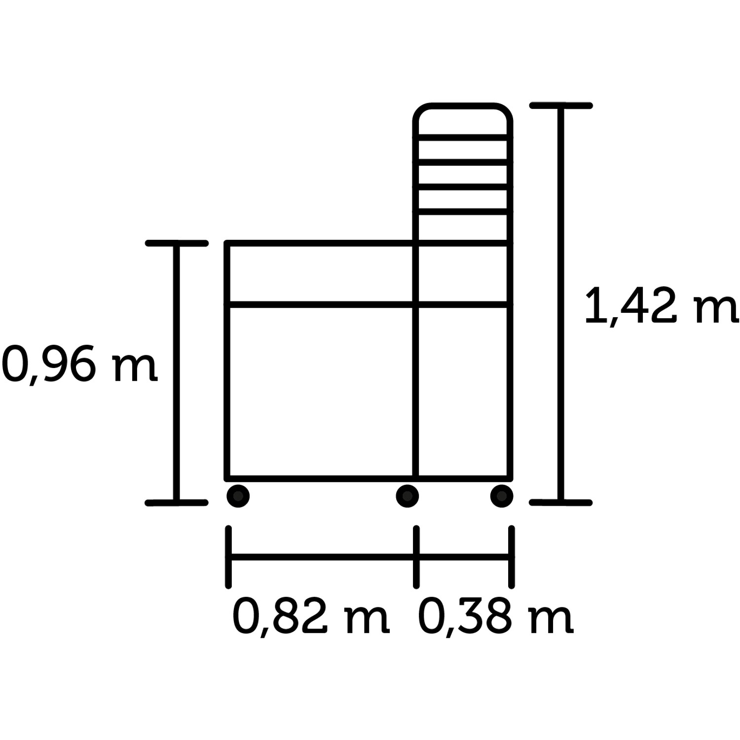 Skizze: Juliana Gewächshaus Urban Vertical mit Maßangaben (Höhe 1,42m, Breite 0,82m + 0,38m).