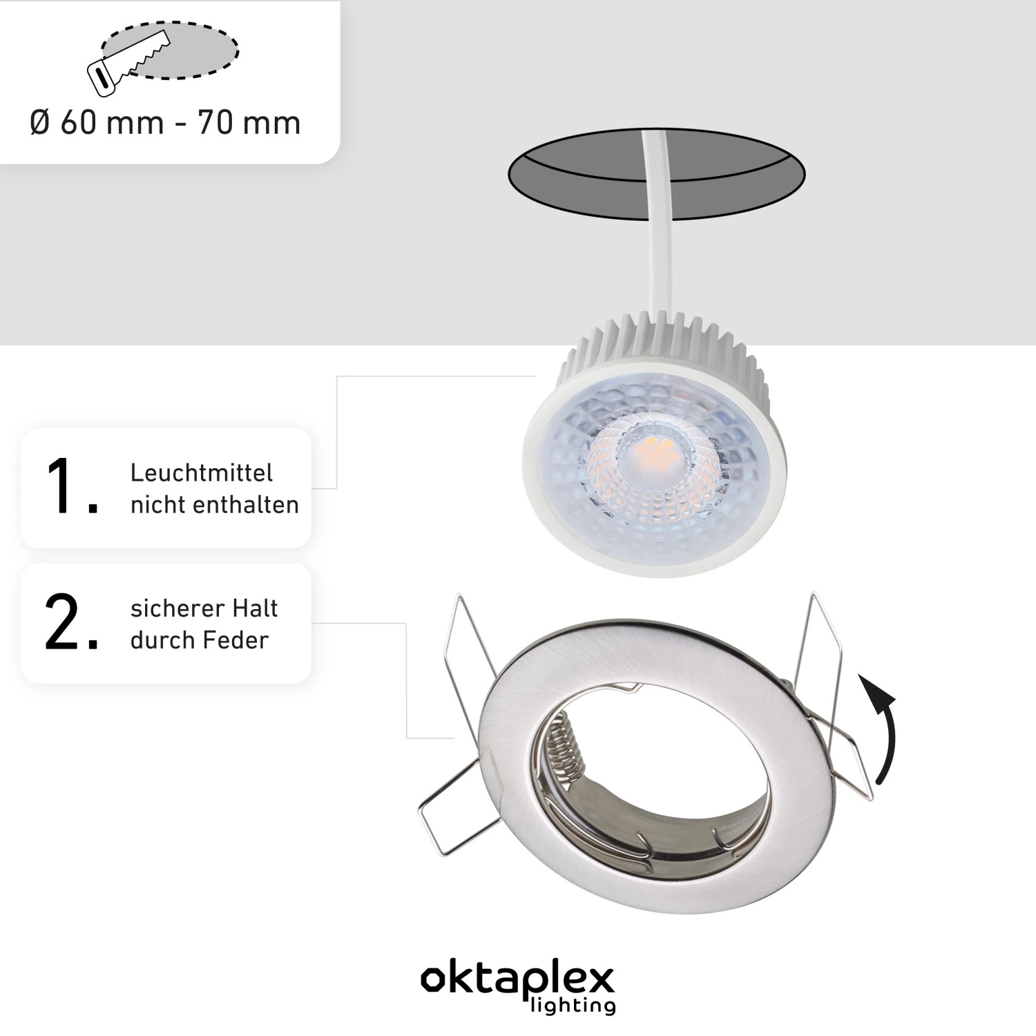 Oktaplex Sedan Einbaurahmen in gebürsteter Edelstahloptik mit Montagefedern für LED-Module. Lochmaß 60-70mm.