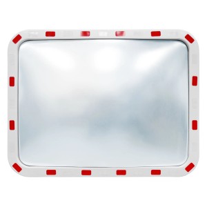 Rechteckiger Verkehrsspiegel 60x80 cm mit rot-weißen Reflektoren und Halterung für Carports.