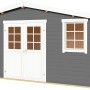 Carbongraues Holz-Gartenhaus Wels 5 von Lasita mit weißen Fenstern und Doppeltür.