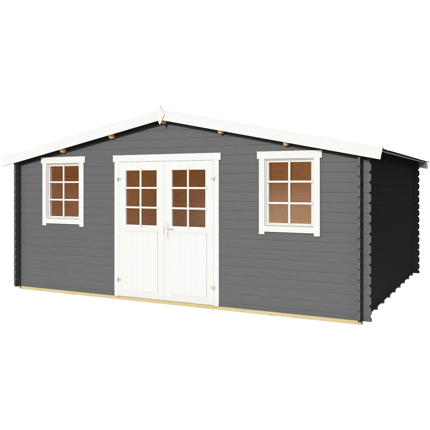 Carbongraues Holz-Gartenhaus Wels 5 von Lasita mit weißen Fenstern und Doppeltür.