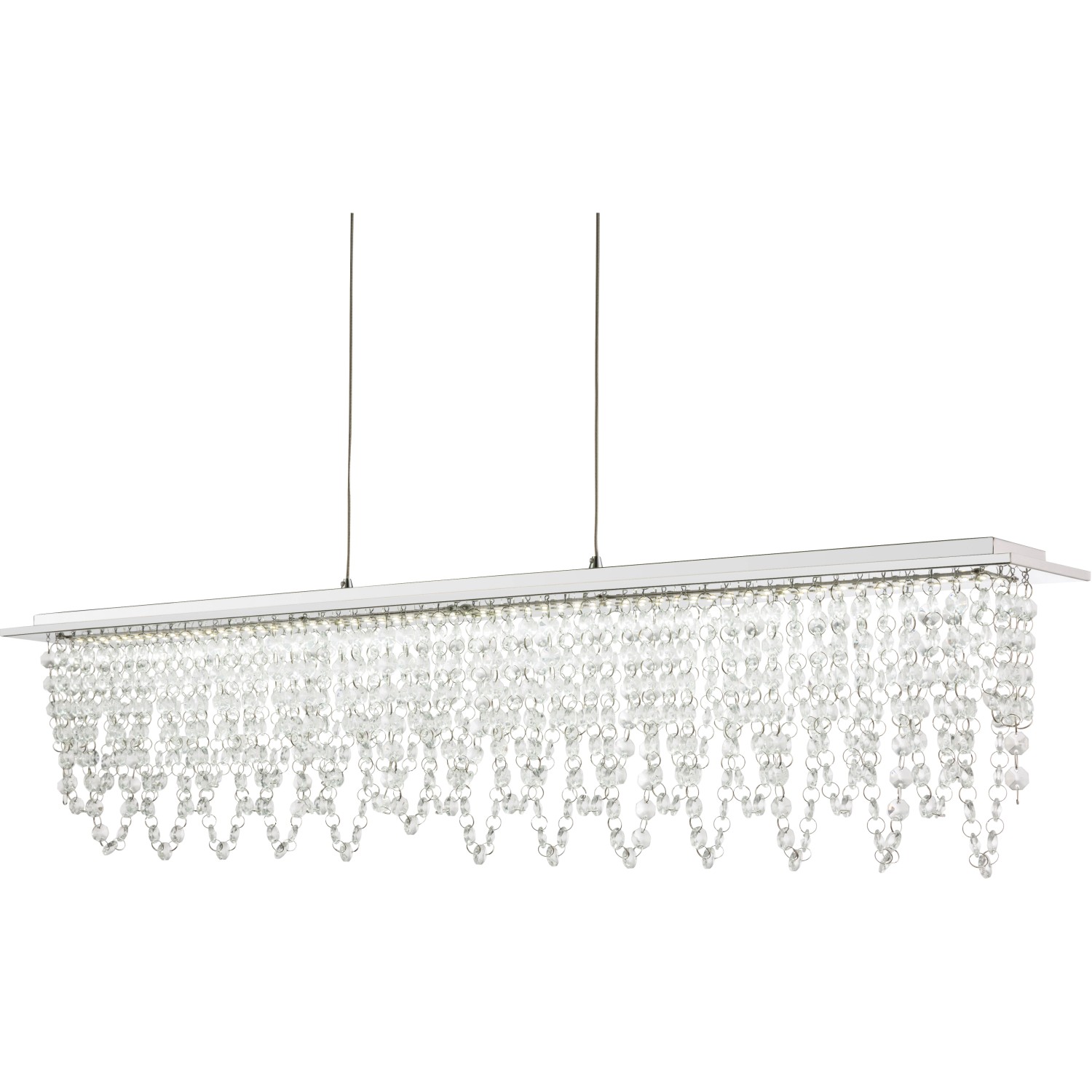 Chromfarbene LED-Pendelleuchte SCALA mit Kristallbehang, dimmbar und mit Fernbedienung.