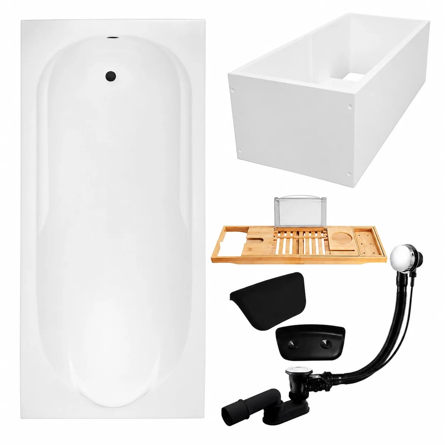 KOLMAN Badewanne Rechteck 160 x 70 Cm Mit Styroporverkleidung Mit Bambus Badewannenablage Mit Kopfstütze KODI Inkl. Ablauf Und Füße