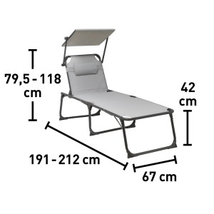 Hellgrauer Liegestuhl Mocoa mit Aluminiumgestell und Sonnendach, Maße sind eingezeichnet.