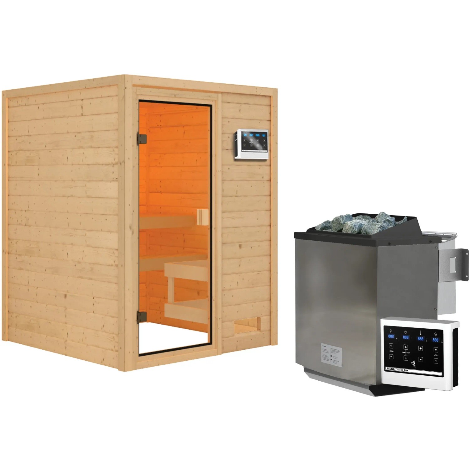 Woodfeeling Sauna Sandra mit Bio-Ofen und Glastür, Massivholzsauna für entspannende Saunaerlebnisse.