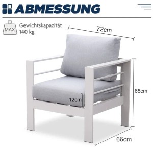 Maßangaben für weißen MeXo Gartensessel mit grauen Kissen: 72x66x65 cm, 140 kg Tragkraft. Outdoor Loungesessel.