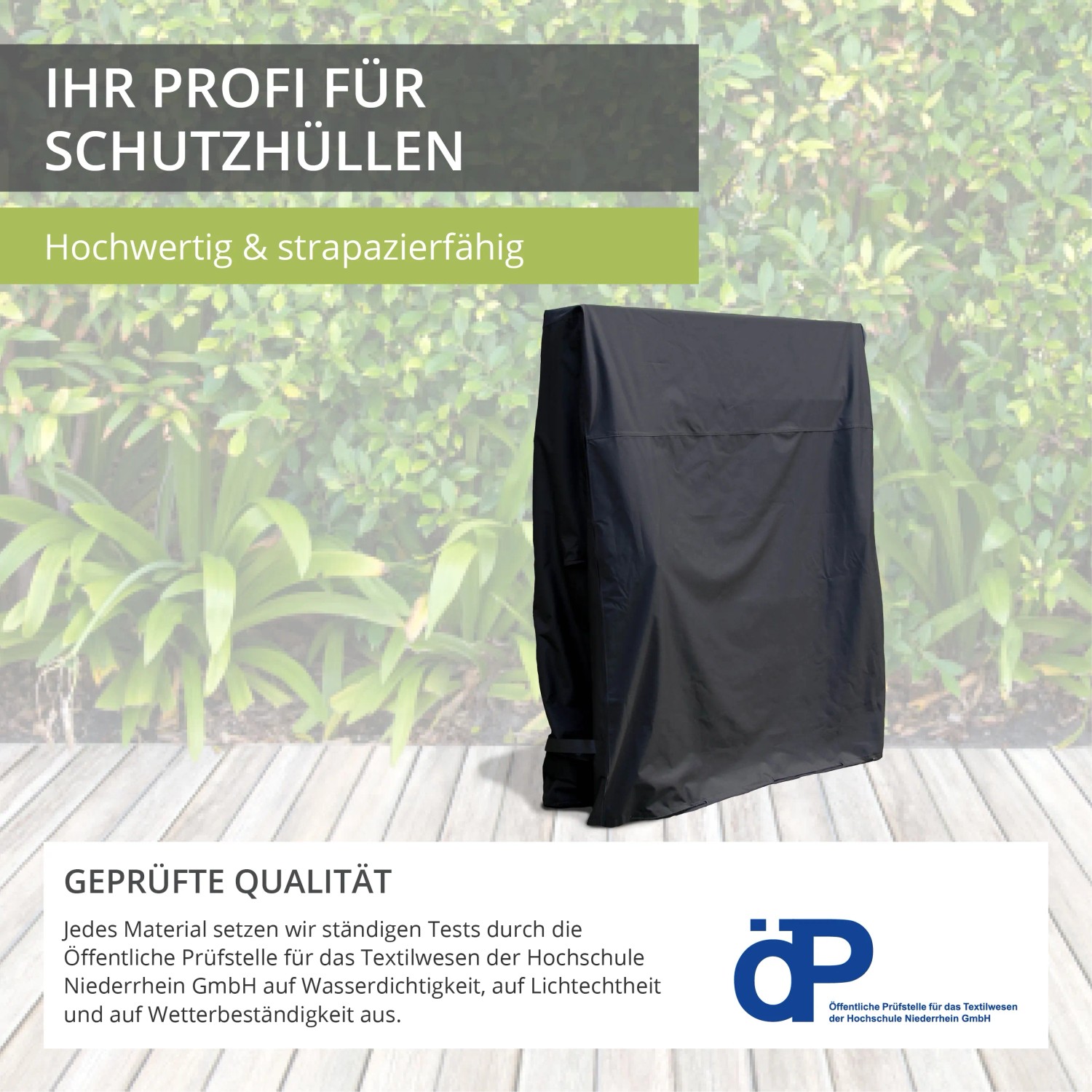 Schwarze Schutzhülle für eine Tischtennisplatte, geeignet für den Außeneinsatz.