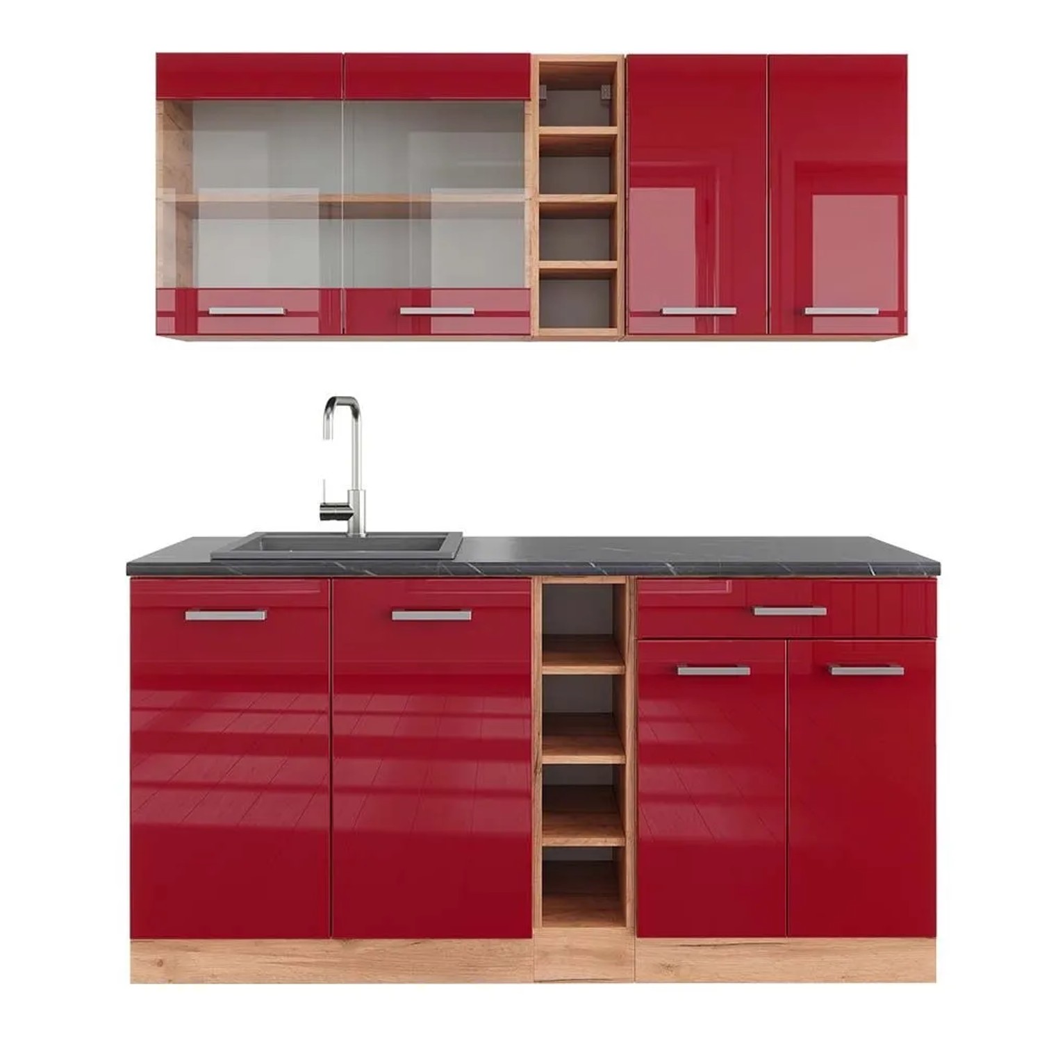 Vicco R-Line Singleküche Bordeaux Hochglanz Goldkraft Eiche 160 cm AP Anthrazit ohne E-Geräte