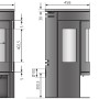Technische Zeichnung Kaminofen Justus Mino Trios 2.0, Maße und Anschlüsse für Installation.