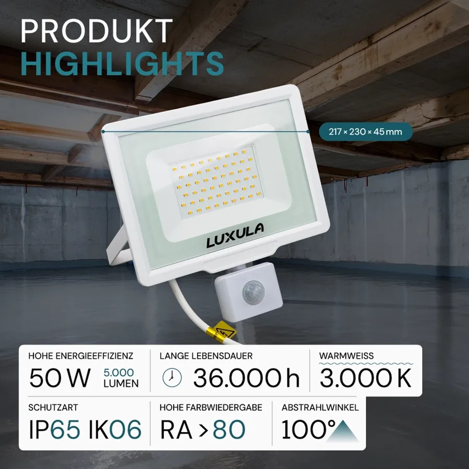 LUXULA LED Strahler 50W mit Bewegungsmelder, warmweiß, IP65, Slim Design.