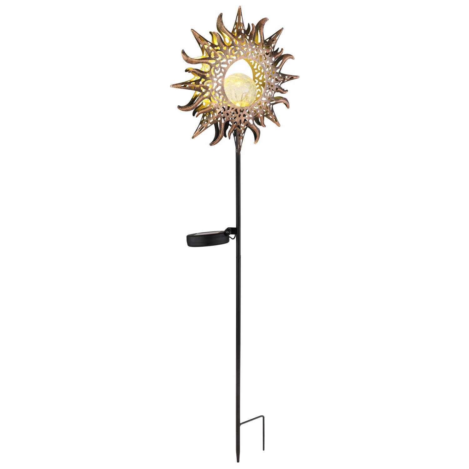 Globo LED Solarleuchte in Schwarz-Matt/Rost-Optik, 81,5 cm, mit dekorativer Sonne und Glaskugel für den Garten.