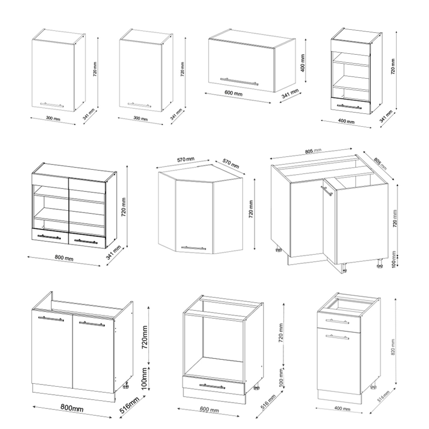 Skizze: Vicco Fame-Line Küchenschränke, Maße und Details der einzelnen Module.