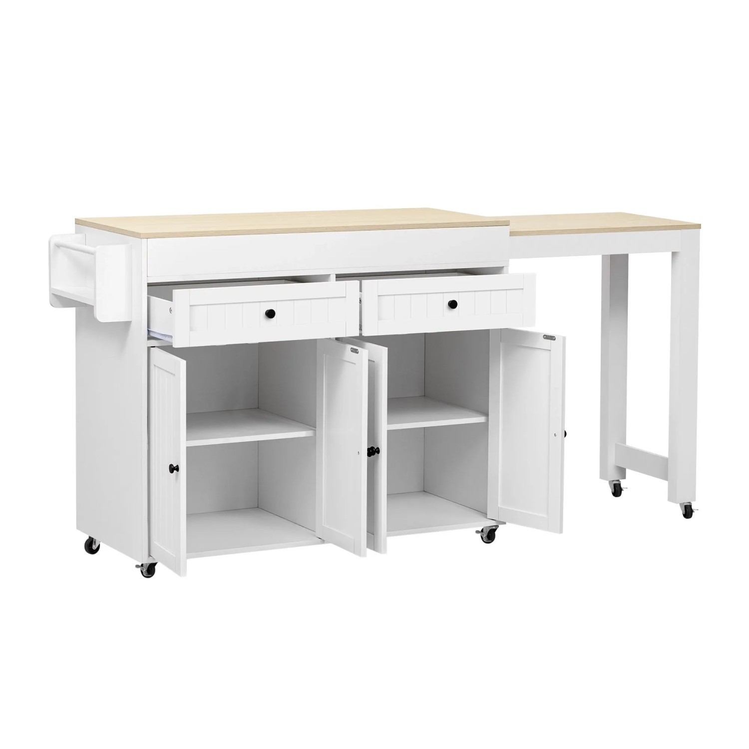 okwish Kücheninsel mit Ausziehfunktion Rollen Schubladen 112-180.5x45x92.2cm Weiß Natur