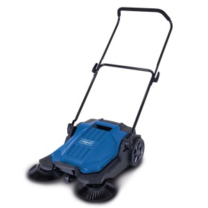 Scheppach Hand-Kehrmaschine S800, blaue Kehrmaschine mit Bürsten und Griff.