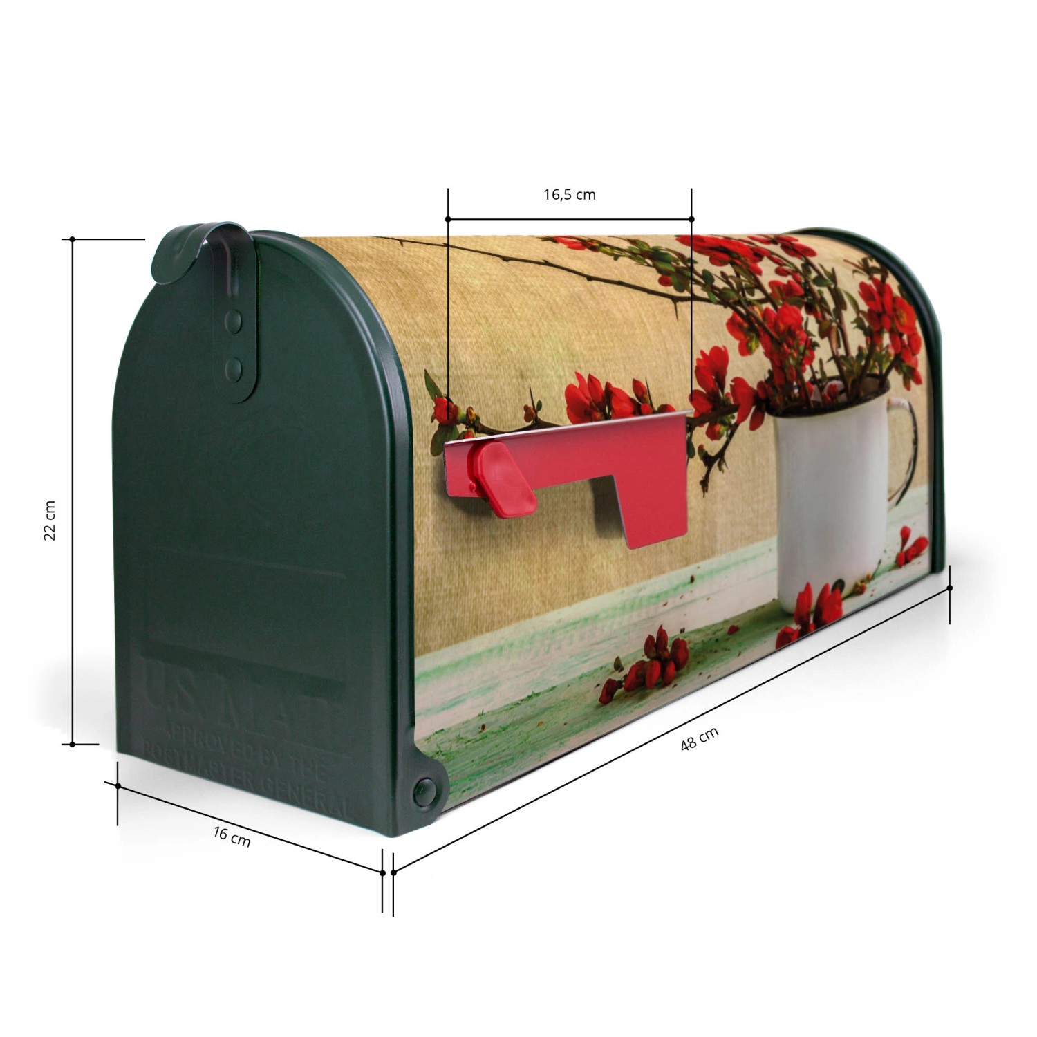 Grüner Banjado US Briefkasten mit Berberitzen Motiv, Stahl pulverbeschichtet, 48x22x16cm.