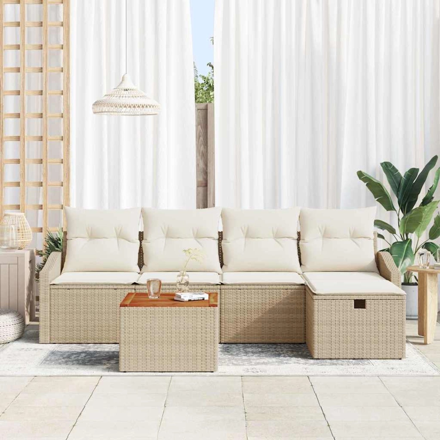 Beiges 6-tlg. vidaXL Garten-Sofa-Set aus Poly Rattan mit Kissen und Stauraum.