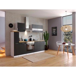 Respekta Küchenzeile KB240WSC, 240 cm, schwarz-weiß mit Herd-Set und Kaminhaube.