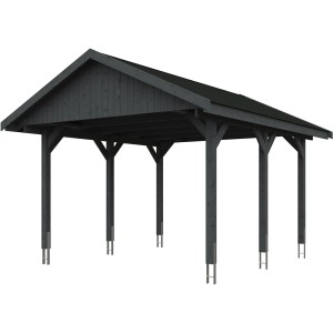 Satteldach-Carport Wallgau in Schiefergrau mit schwarzen Dachschindeln, Holzkonstruktion.