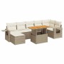 Beige 8-tlg. Garten-Sofagarnitur aus Rattan mit Tisch und Kissen.