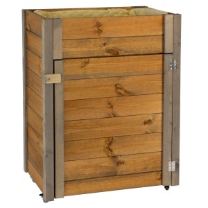 Rollbarer Gartenschrank mit Pflanzkasten in Braun/Grau. Praktischer Schrank für Gartenutensilien.